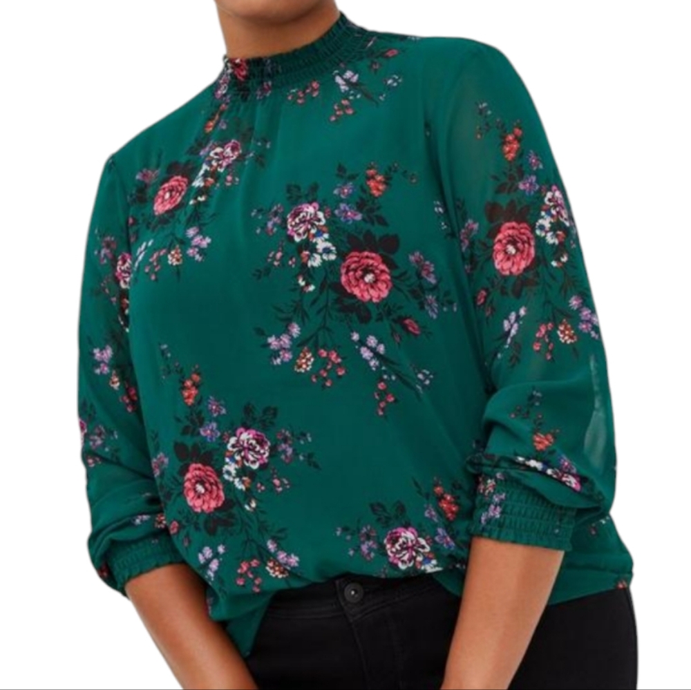 Torrid Semi Sheer Green Floral Chiffon‎ Smocked Mock Neck Blouse Plus Size 2X